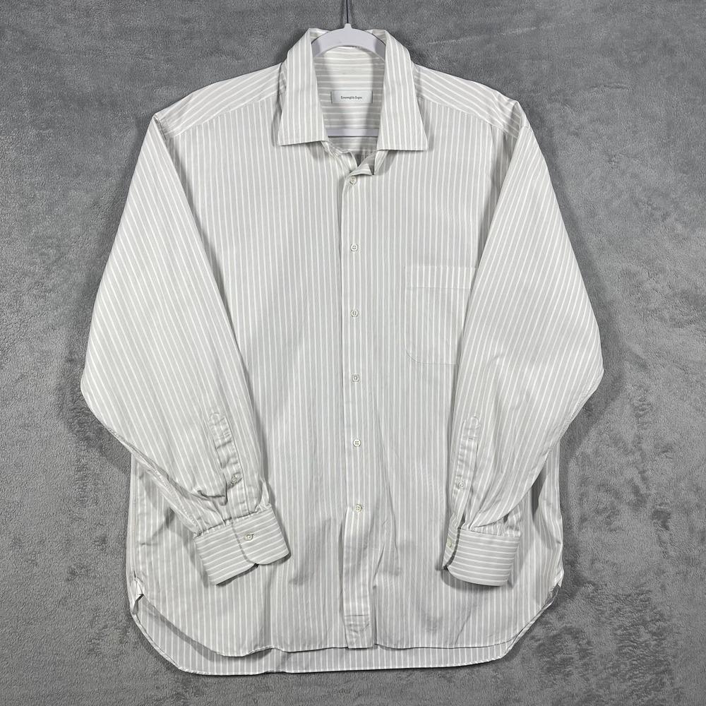 Ermenegildo Zegna Dress Shirt Mens 18 46 Grey White Striped Comfort Fit Cotton